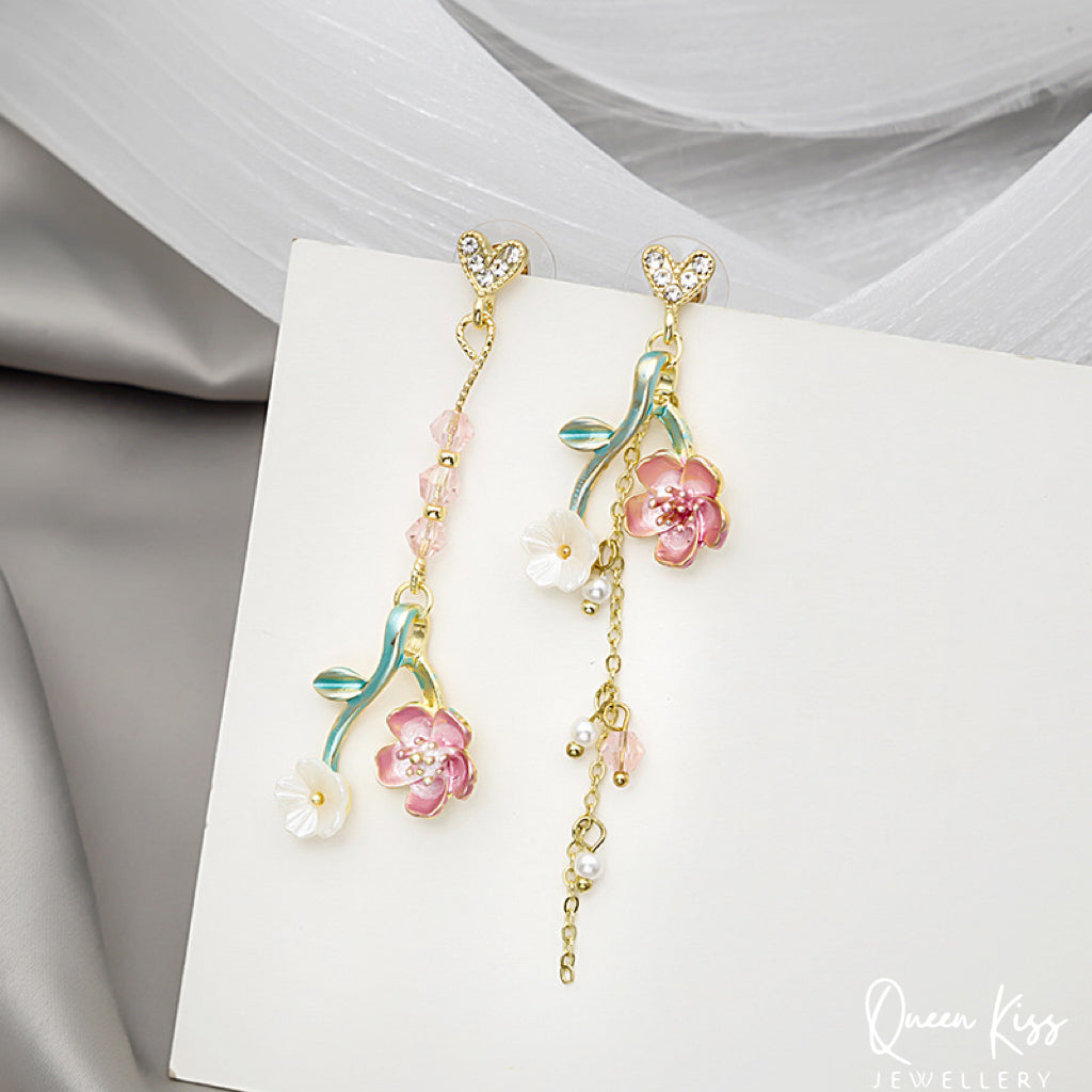 Enamel Pink Green Leaves Pink White Flowers Dangle Earrings -- Fairy Lady!!