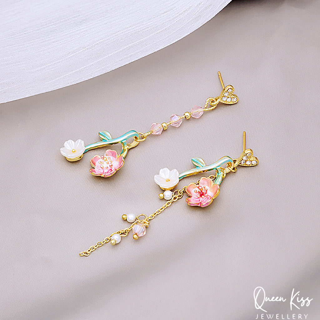 Enamel Pink Green Leaves Pink White Flowers Dangle Earrings -- Fairy Lady!!