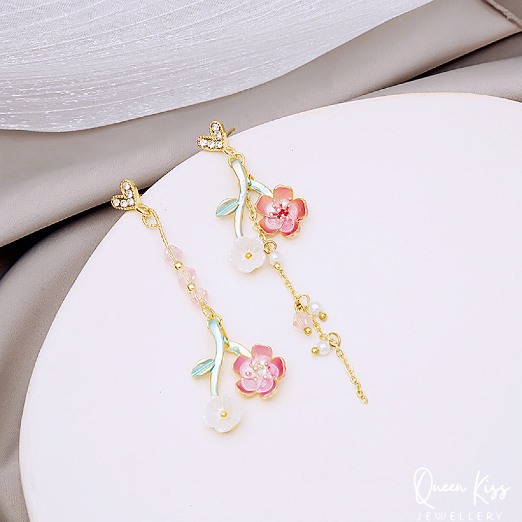 Enamel Pink Green Leaves Pink White Flowers Dangle Earrings -- Fairy Lady!!