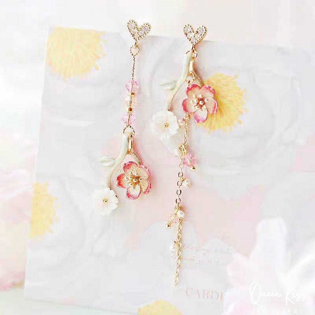 Enamel Pink Green Leaves Pink White Flowers Dangle Earrings -- Fairy Lady!!