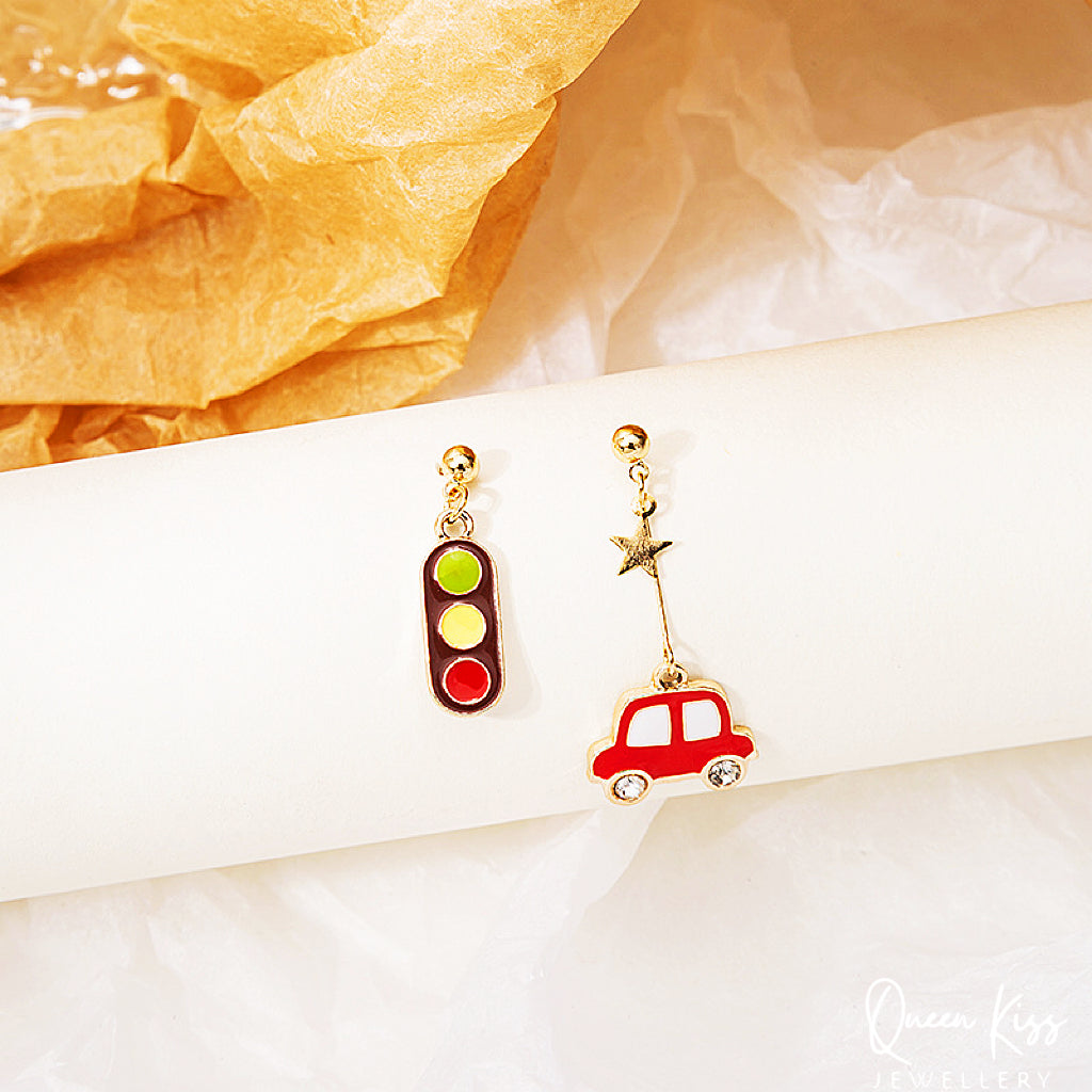 Enamel Adorable Red Little Car and Traffic Light Light Earrings -- City Life!!