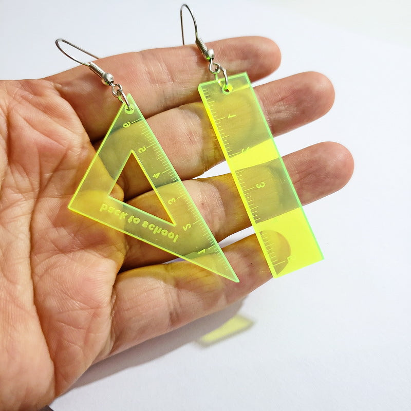 Adorable Triangular Ruler Straight Ruler Three Colors Blue Yellow Pink Light Earrings -- Be Cool Be Good!!