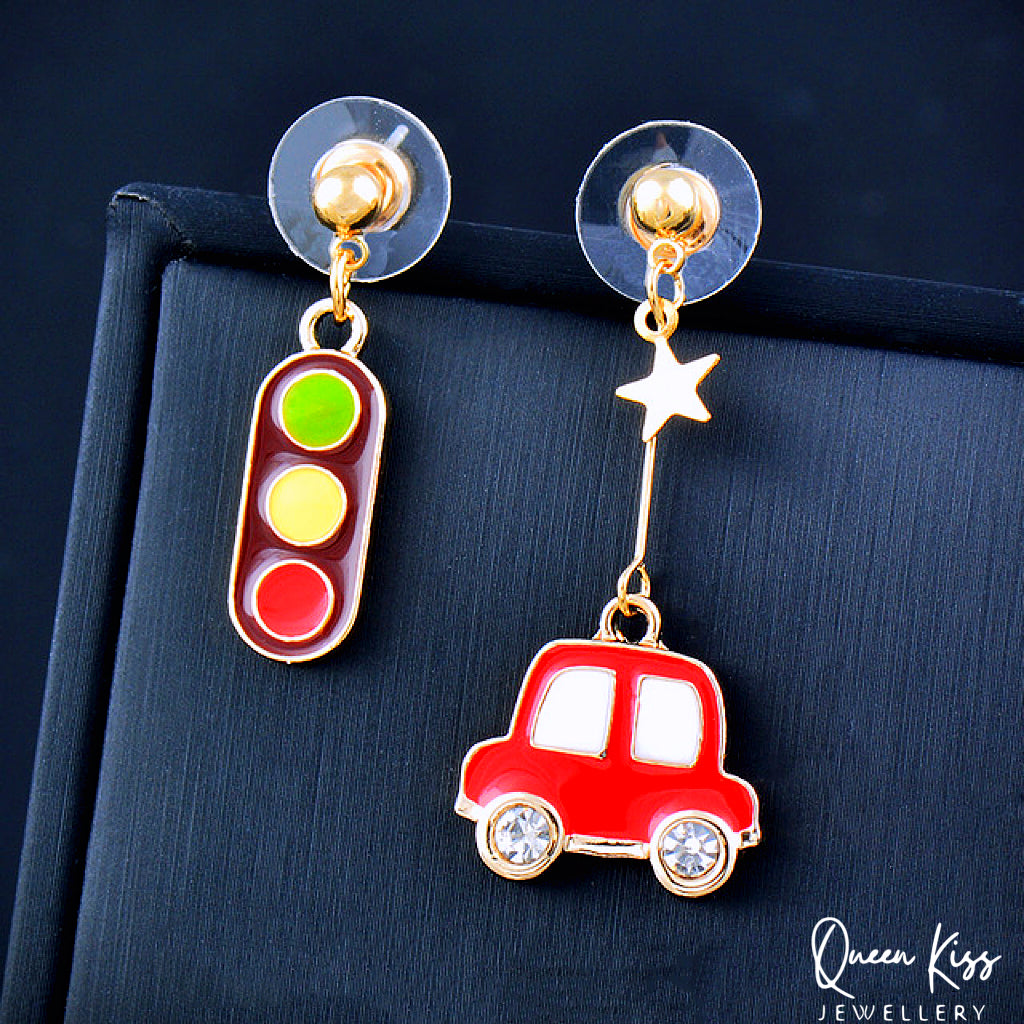 Enamel Adorable Red Little Car and Traffic Light Light Earrings -- City Life!!