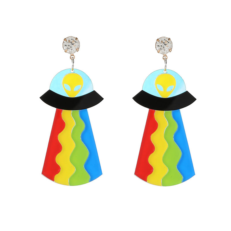 Cute Light Trendy Quirky UFO Colorful Earrings Alien Sucking Cow In Earrings - Rainbow Spaceship!!