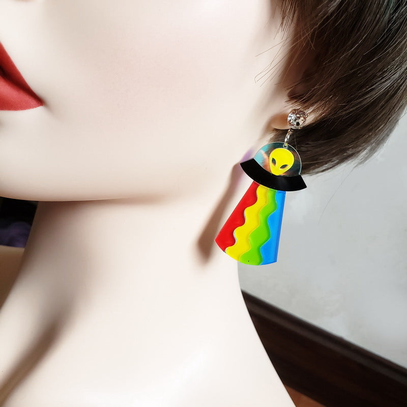 Cute Light Trendy Quirky UFO Colorful Earrings Alien Sucking Cow In Earrings - Rainbow Spaceship!!