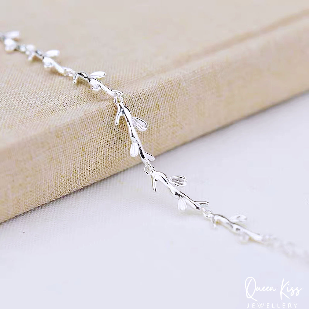Sterling Silver Tiny Leaves Charm Bracelet Adjustable Length Lovely 925 Sterling Silver Bracelet - Fallen Leaves!