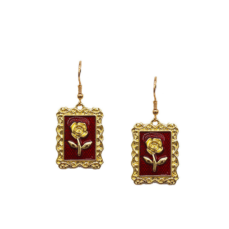 Enamel Gold Silver Frame Red Rose Earrings Dangle Earrings -- Rosey Baby!!