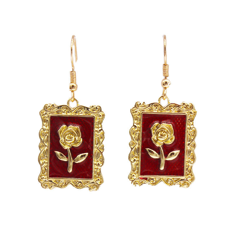 Enamel Gold Silver Frame Red Rose Earrings Dangle Earrings -- Rosey Baby!!