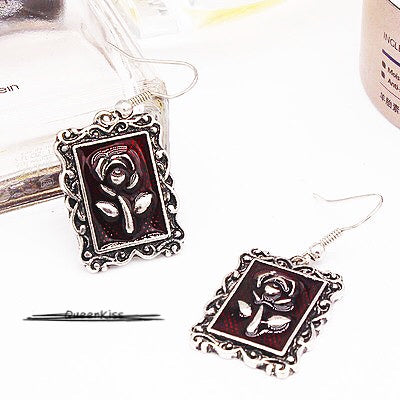 Enamel Gold Silver Frame Red Rose Earrings Dangle Earrings -- Rosey Baby!!