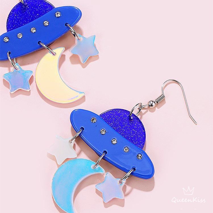 Cute Light Trendy Quirky UFO Earrings Moon and Stars Earrings - Universal Citizen!!