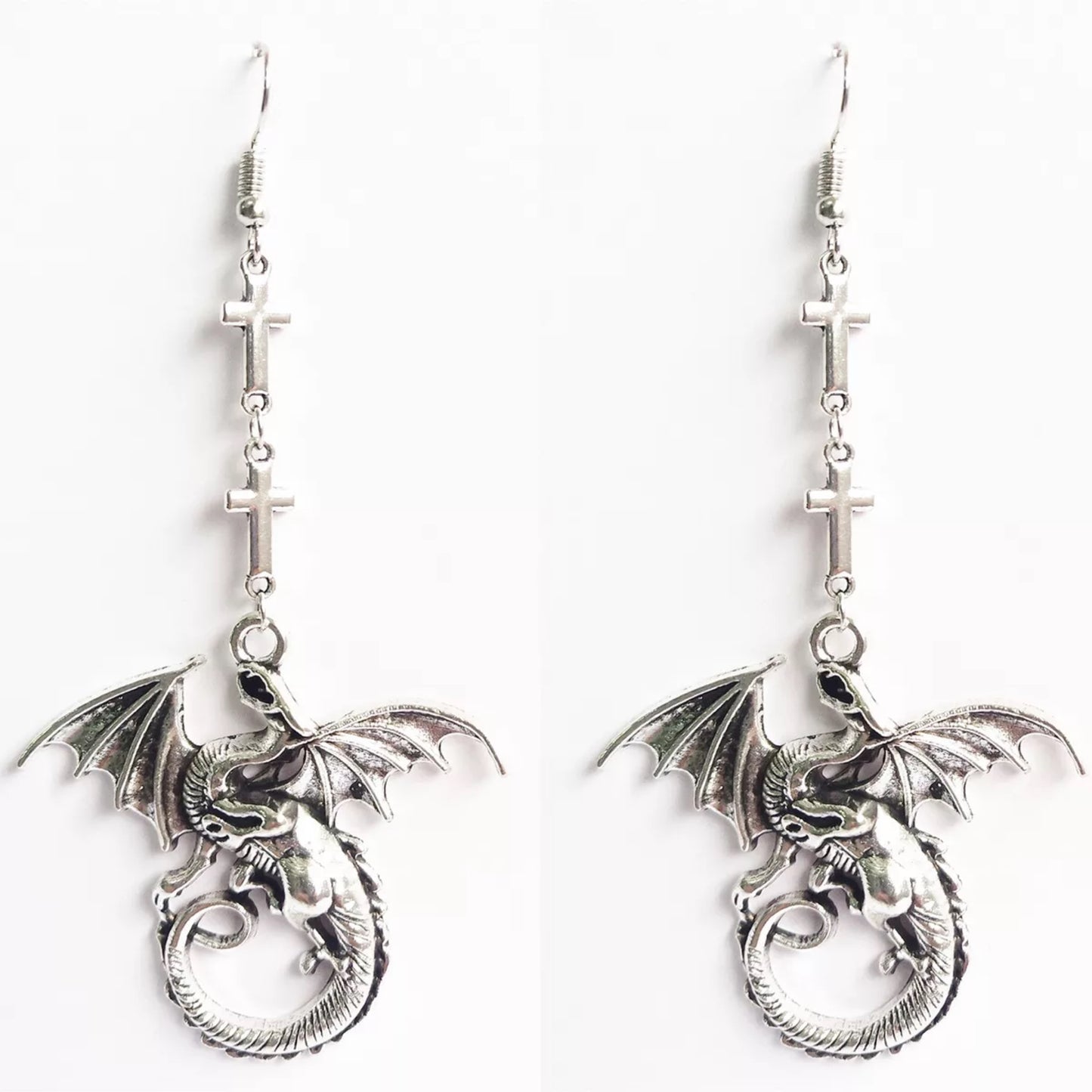 Dragon Flying over Cross Silver Earrings - DRAGON & CROSS!