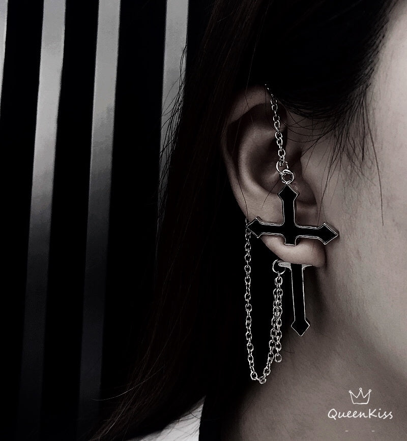 Piercing Cool Cross Black and Silver Earrings Women Men Earrings One Single Piece Not A Pair -- God Bless You!!