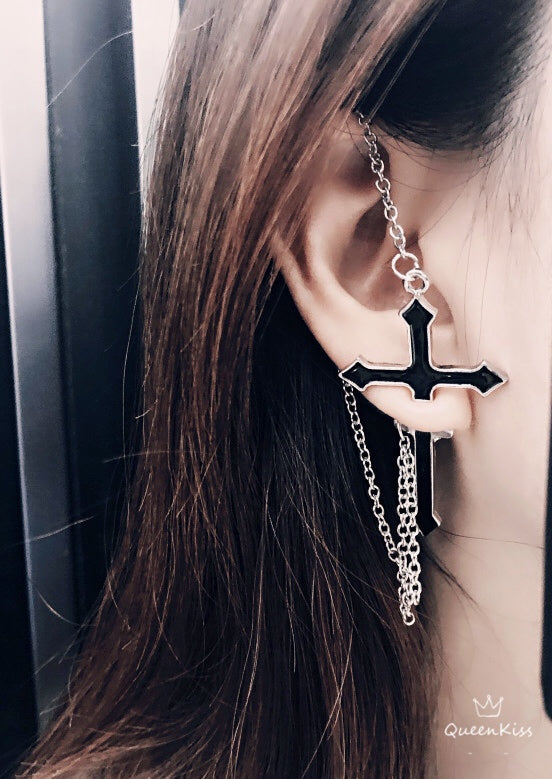 Piercing Cool Cross Black and Silver Earrings Women Men Earrings One Single Piece Not A Pair -- God Bless You!!