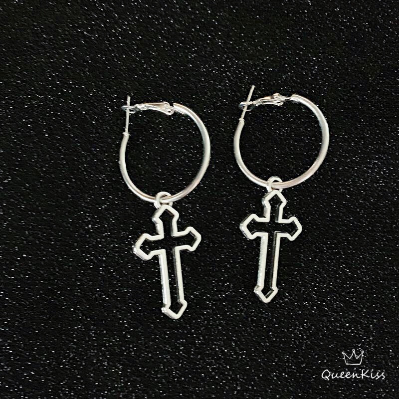 Cool Cross Two Different Pattern Black Cross and Hollow Cross Big Circle Silver Earrings -- Jesus Around you!!