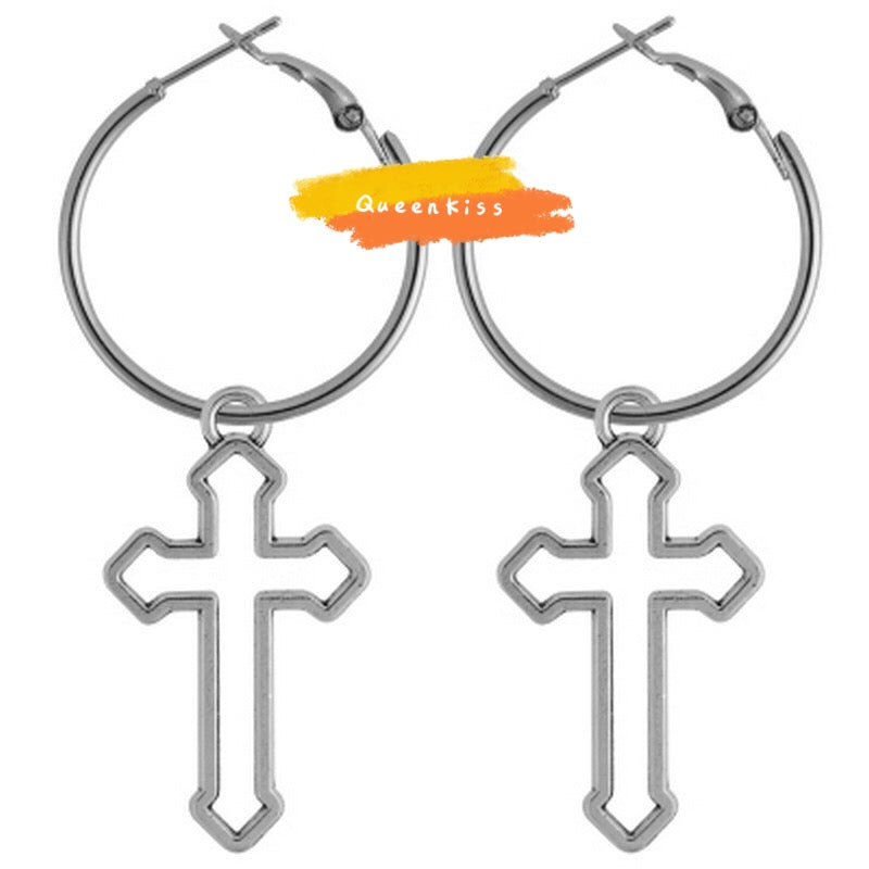 Cool Cross Two Different Pattern Black Cross and Hollow Cross Big Circle Silver Earrings -- Jesus Around you!!