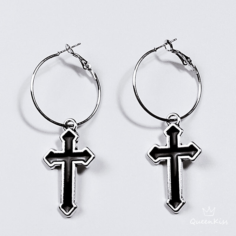 Cool Cross Two Different Pattern Black Cross and Hollow Cross Big Circle Silver Earrings -- Jesus Around you!!