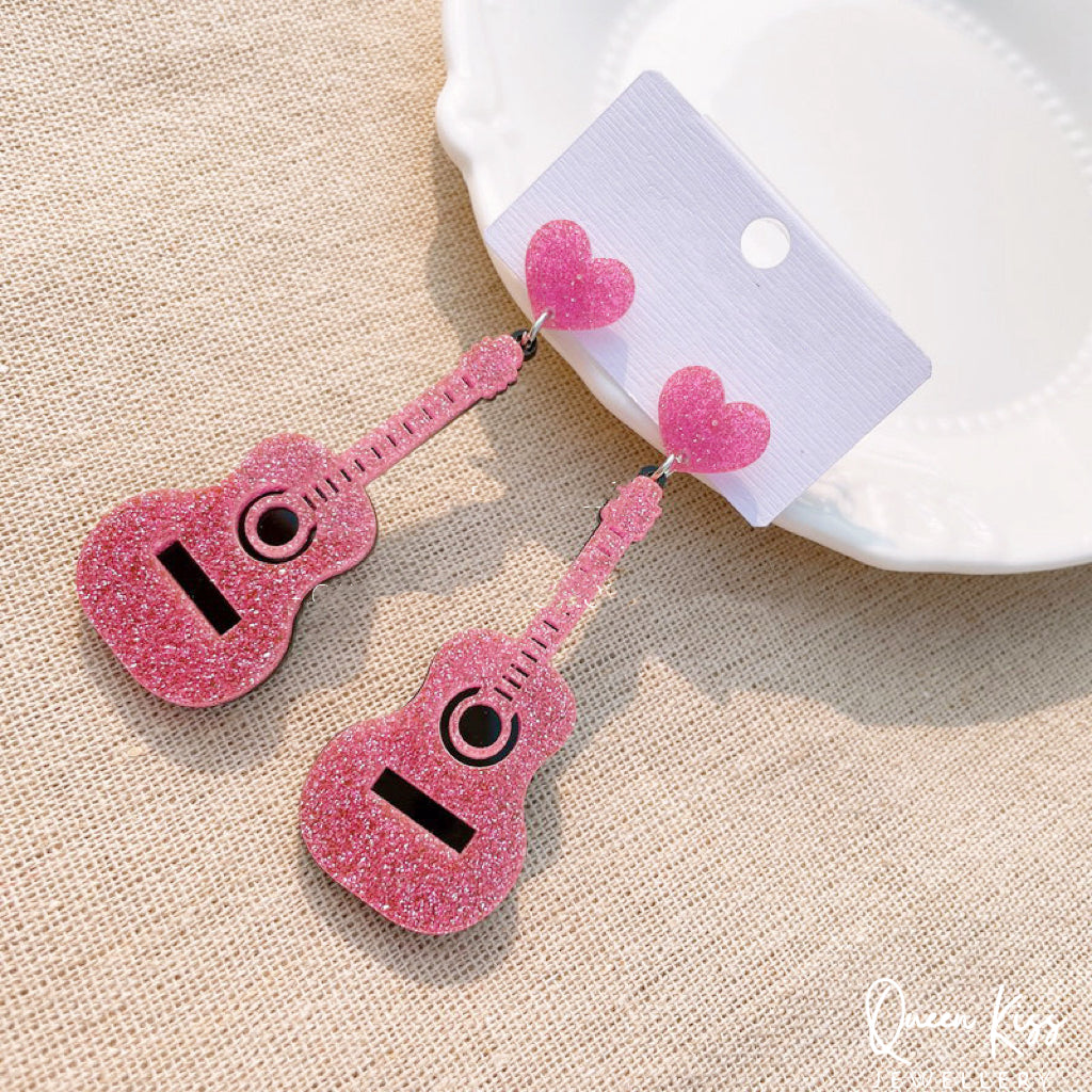 Cute Light Trendy Adorable Acrylic Art Work Pink Guitar and Heart Earrings - Soul Origin!!