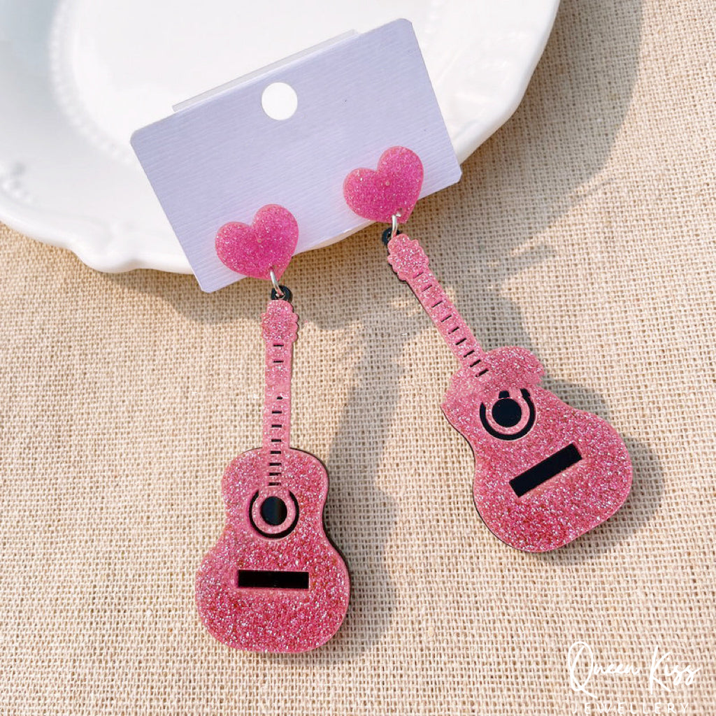 Cute Light Trendy Adorable Acrylic Art Work Pink Guitar and Heart Earrings - Soul Origin!!