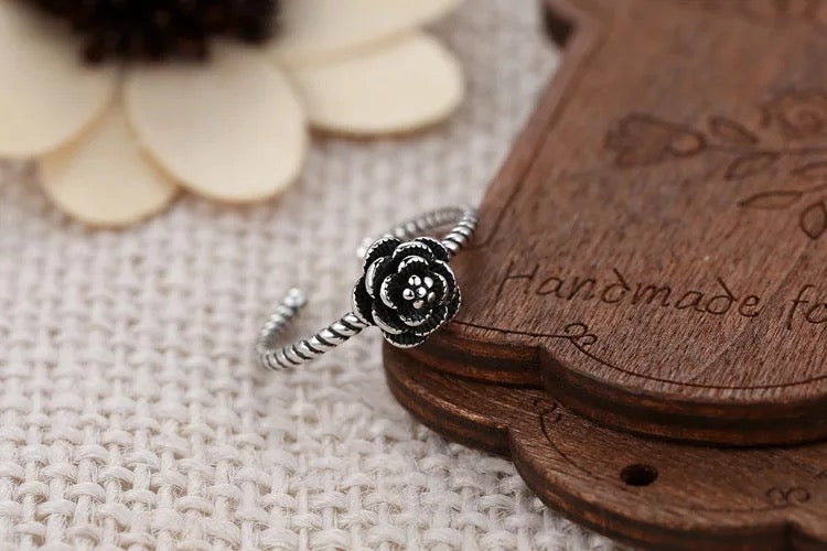 Vintage Rose Floral Flowers Adjustable 925 Sterling Silver Plated Ring