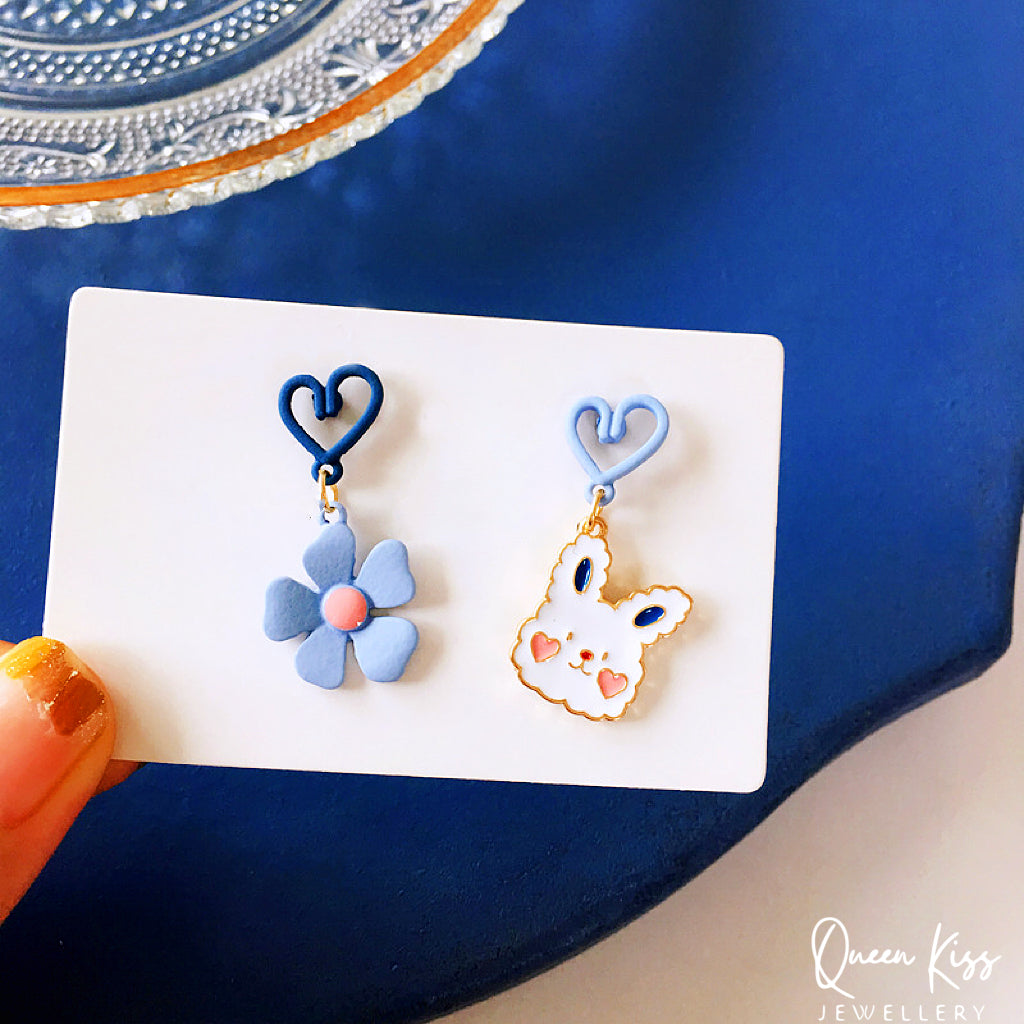 Super Cute Bunny Rabbit and Blue Flower Love Earrings -- I Love You!!