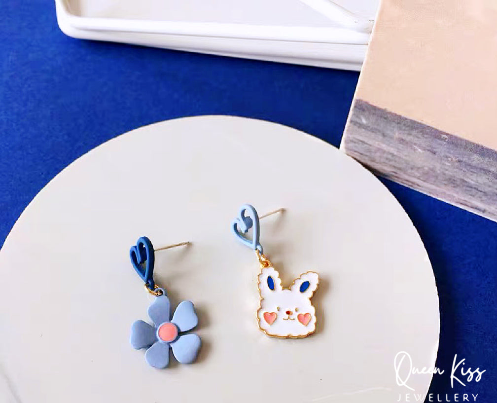 Super Cute Bunny Rabbit and Blue Flower Love Earrings -- I Love You!!