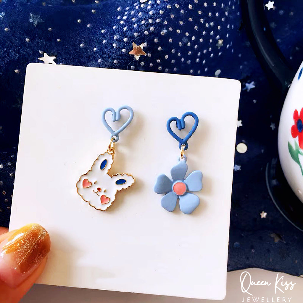 Super Cute Bunny Rabbit and Blue Flower Love Earrings -- I Love You!!