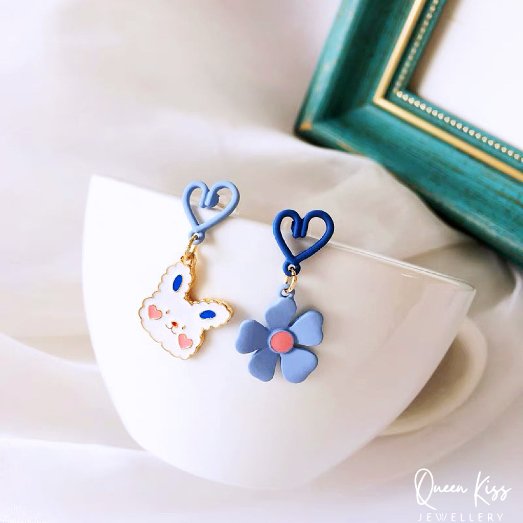 Super Cute Bunny Rabbit and Blue Flower Love Earrings -- I Love You!!