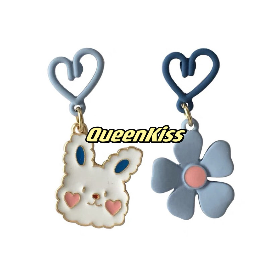 Super Cute Bunny Rabbit and Blue Flower Love Earrings -- I Love You!!