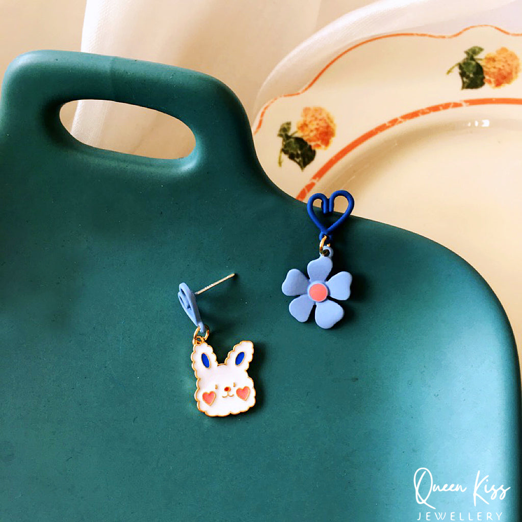 Super Cute Bunny Rabbit and Blue Flower Love Earrings -- I Love You!!