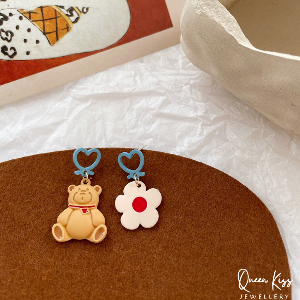 Super Cute Bear and White Flower Love Earrings -- I Love You!!