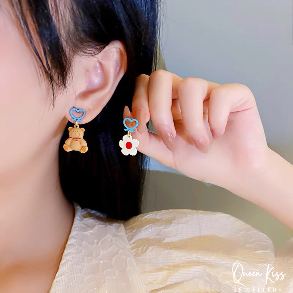 Super Cute Bear and White Flower Love Earrings -- I Love You!!