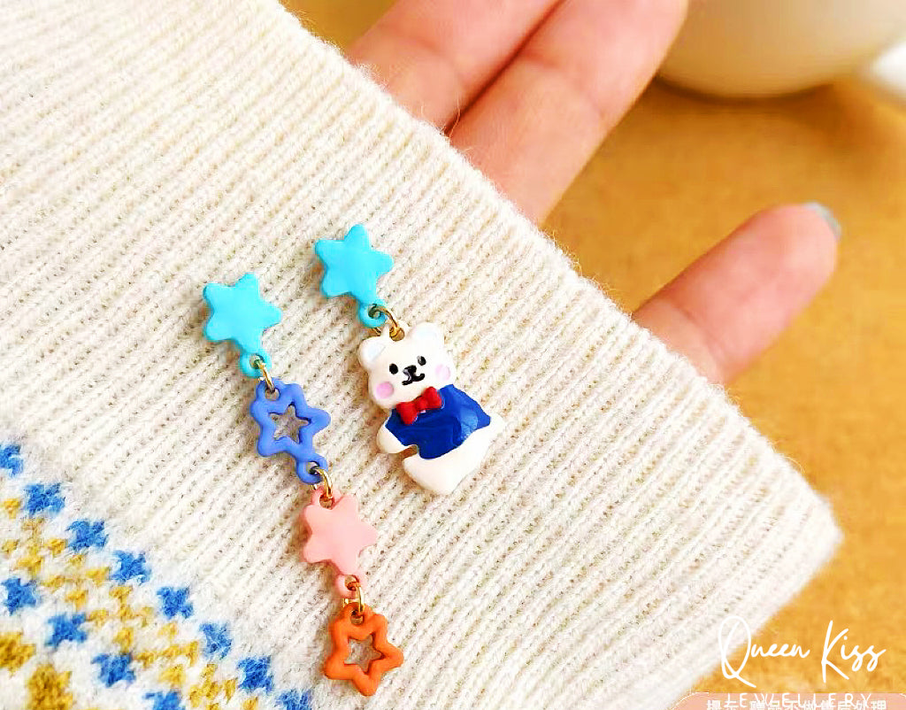 Super Cute Bear and Stars Blue Peach Yellow Earrings -- Cutie Baby!!