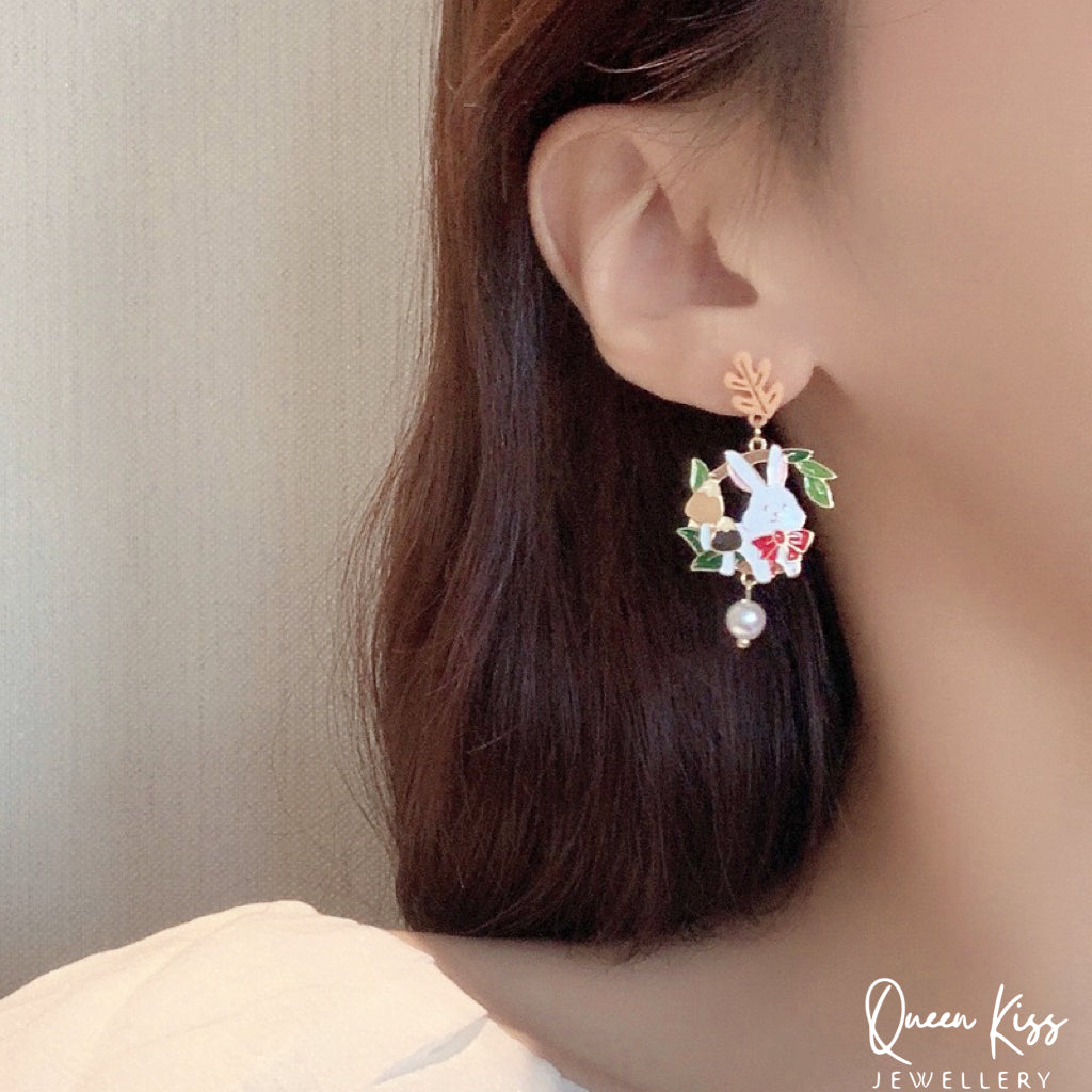 Super Cute Bunny Rabbit and Mushroom Leaves Earrings -- Stuck On You!!