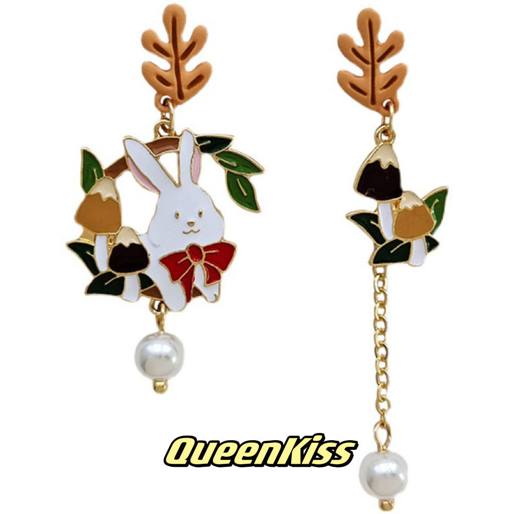 Super Cute Bunny Rabbit and Mushroom Leaves Earrings -- Stuck On You!!
