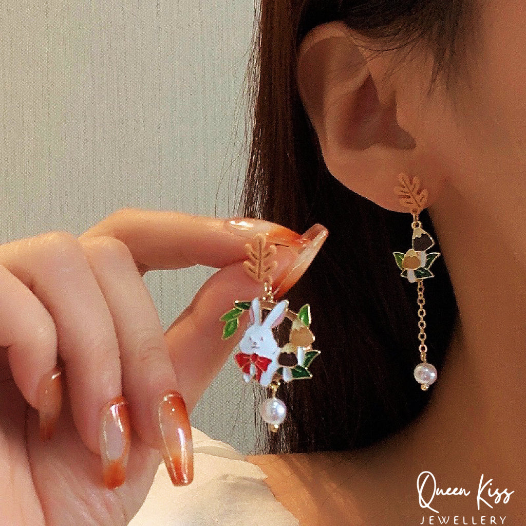 Super Cute Bunny Rabbit and Mushroom Leaves Earrings -- Stuck On You!!