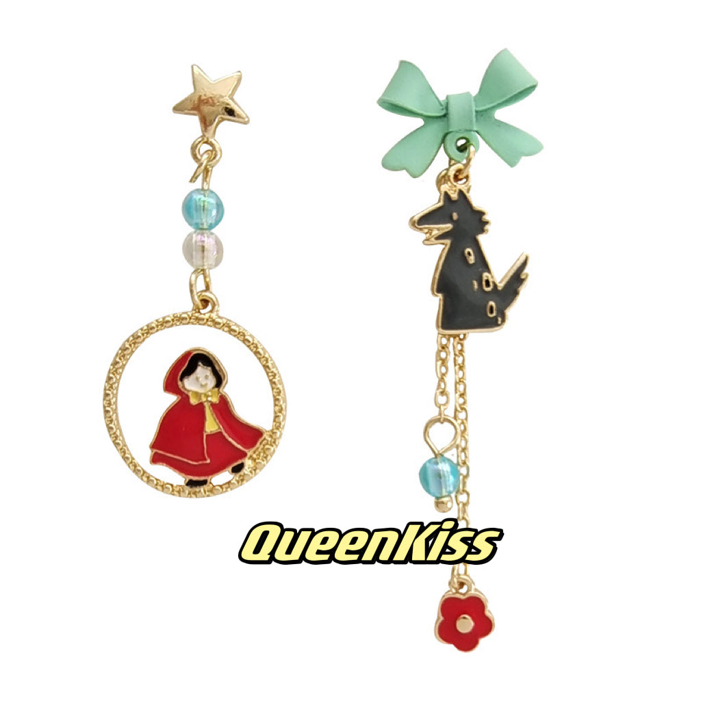 Super Cute Little Red Riding Hood and Mr. Wolf Bowknot Star Earrings -- Little Red and Wolf!!