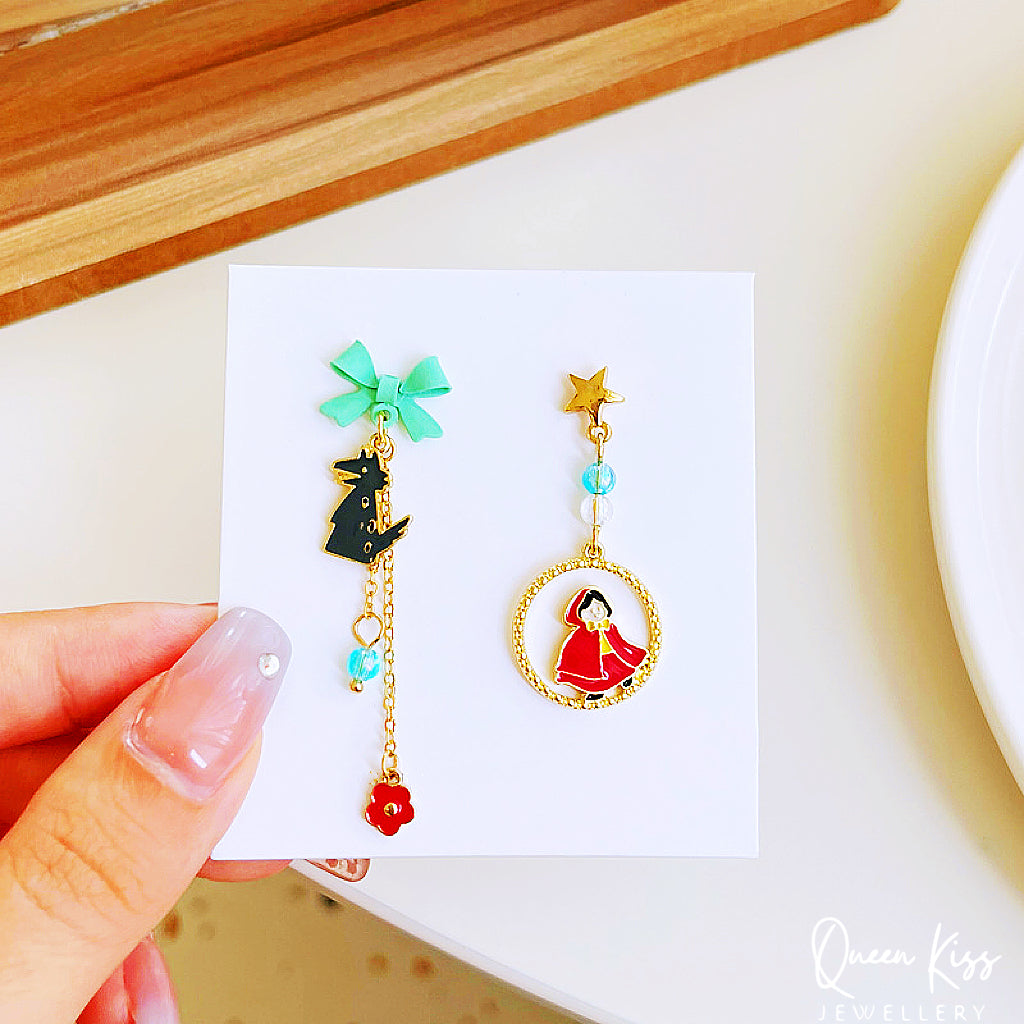 Super Cute Little Red Riding Hood and Mr. Wolf Bowknot Star Earrings -- Little Red and Wolf!!