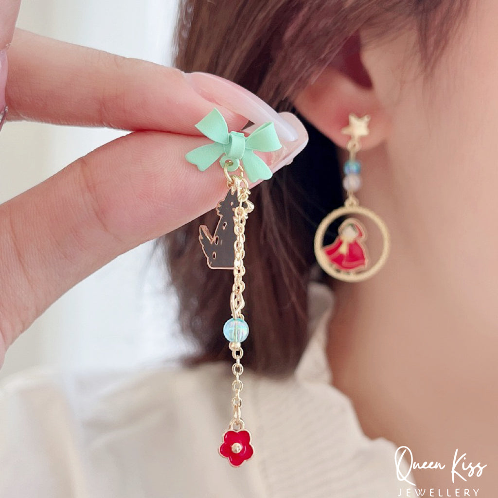Super Cute Little Red Riding Hood and Mr. Wolf Bowknot Star Earrings -- Little Red and Wolf!!