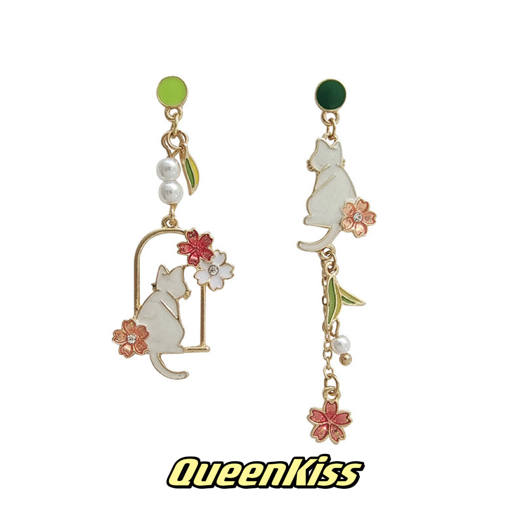 Super Cute Kitty Cat and Flower Pearl Earrings -- Love Is All Around!!