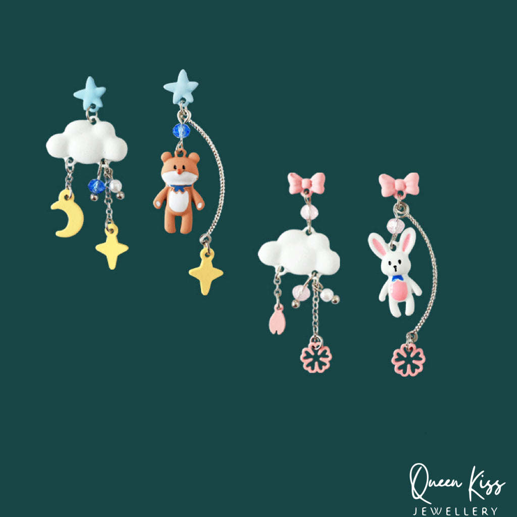 Super Cute Pink Rabbit Bunny Brown Bear and Cloud Bowknot and Star Moon Flower Earrings -- Let's Stay Together!