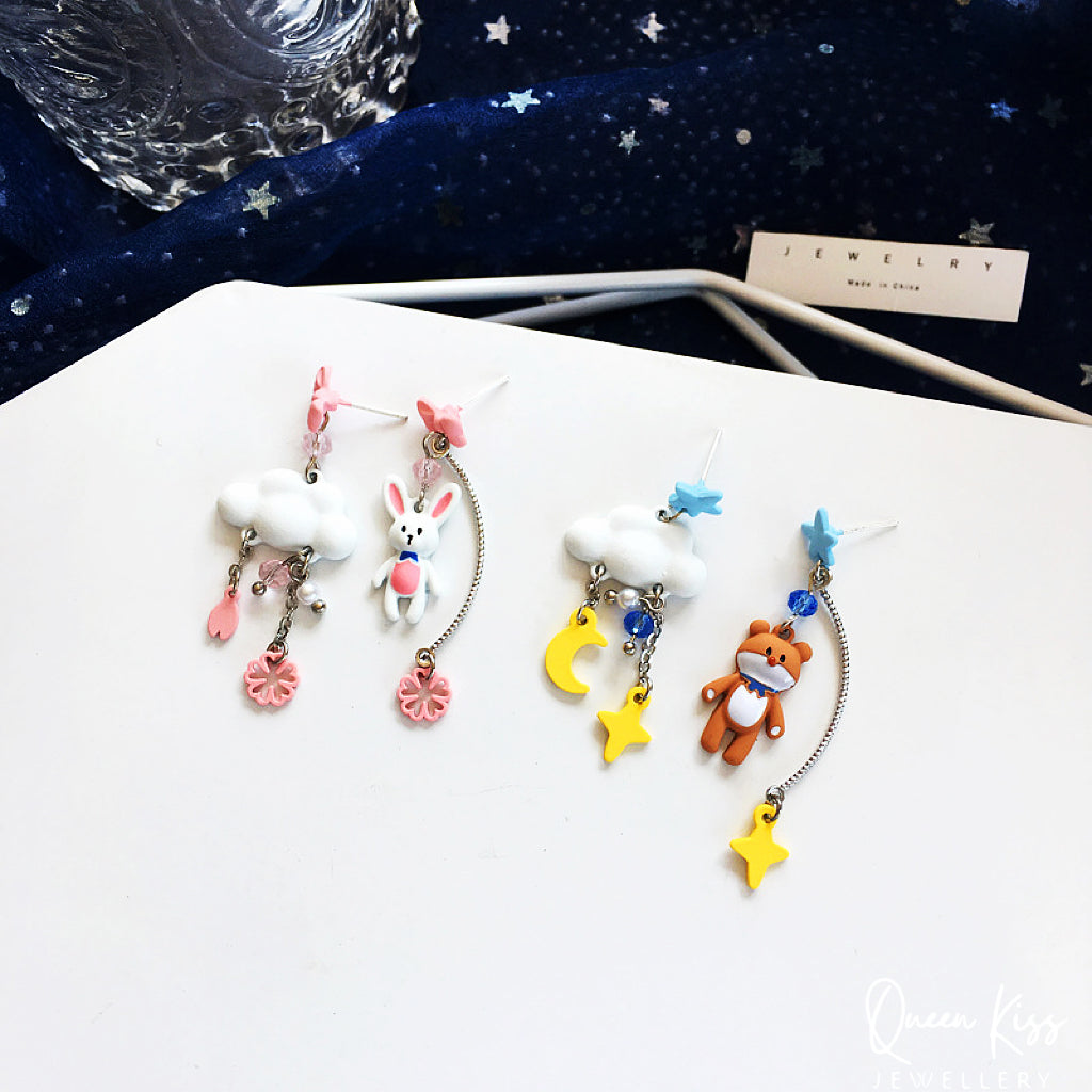 Super Cute Pink Rabbit Bunny Brown Bear and Cloud Bowknot and Star Moon Flower Earrings -- Let's Stay Together!