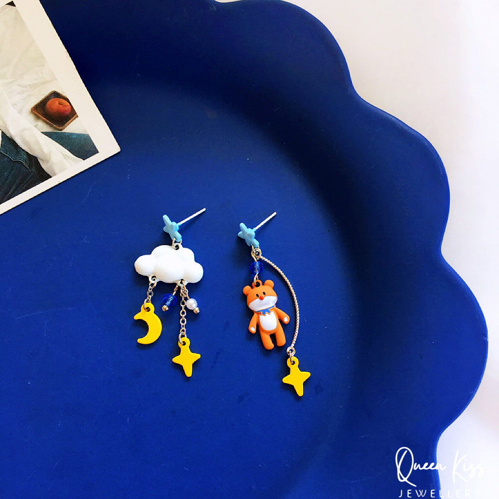 Super Cute Pink Rabbit Bunny Brown Bear and Cloud Bowknot and Star Moon Flower Earrings -- Let's Stay Together!