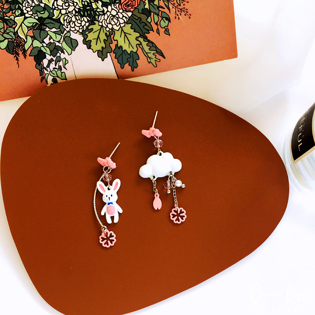Super Cute Pink Rabbit Bunny Brown Bear and Cloud Bowknot and Star Moon Flower Earrings -- Let's Stay Together!
