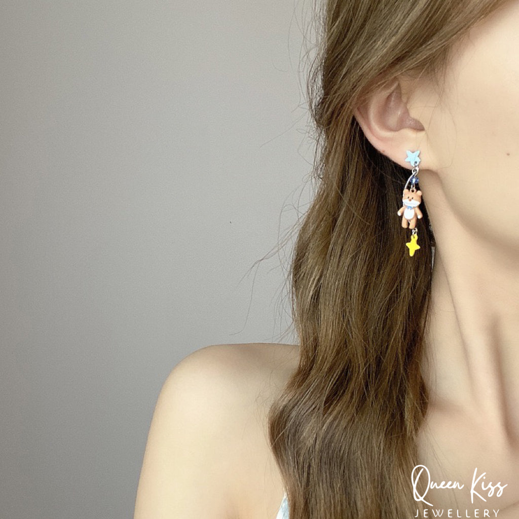 Super Cute Pink Rabbit Bunny Brown Bear and Cloud Bowknot and Star Moon Flower Earrings -- Let's Stay Together!