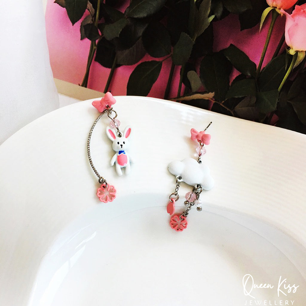 Super Cute Pink Rabbit Bunny Brown Bear and Cloud Bowknot and Star Moon Flower Earrings -- Let's Stay Together!