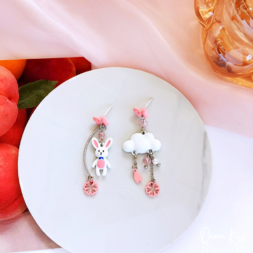 Super Cute Pink Rabbit Bunny Brown Bear and Cloud Bowknot and Star Moon Flower Earrings -- Let's Stay Together!