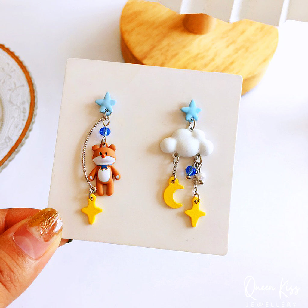 Super Cute Pink Rabbit Bunny Brown Bear and Cloud Bowknot and Star Moon Flower Earrings -- Let's Stay Together!