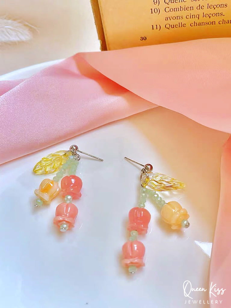 Cute Tulip Yellow Leave Pink Peach Yellow Flower Romantic Earrings - Mama I Love You!!