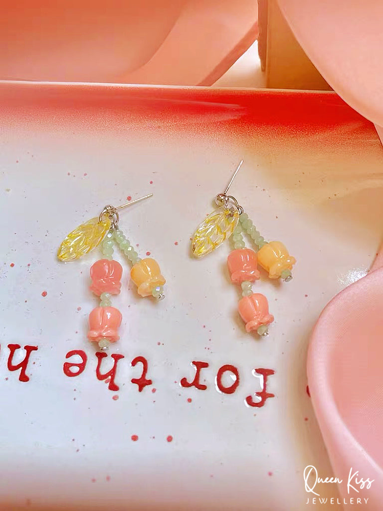 Cute Tulip Yellow Leave Pink Peach Yellow Flower Romantic Earrings - Mama I Love You!!