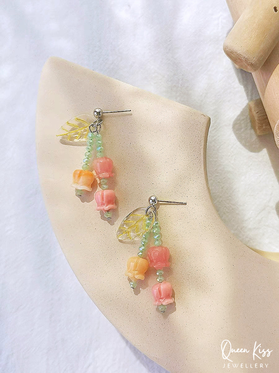 Cute Tulip Yellow Leave Pink Peach Yellow Flower Romantic Earrings - Mama I Love You!!